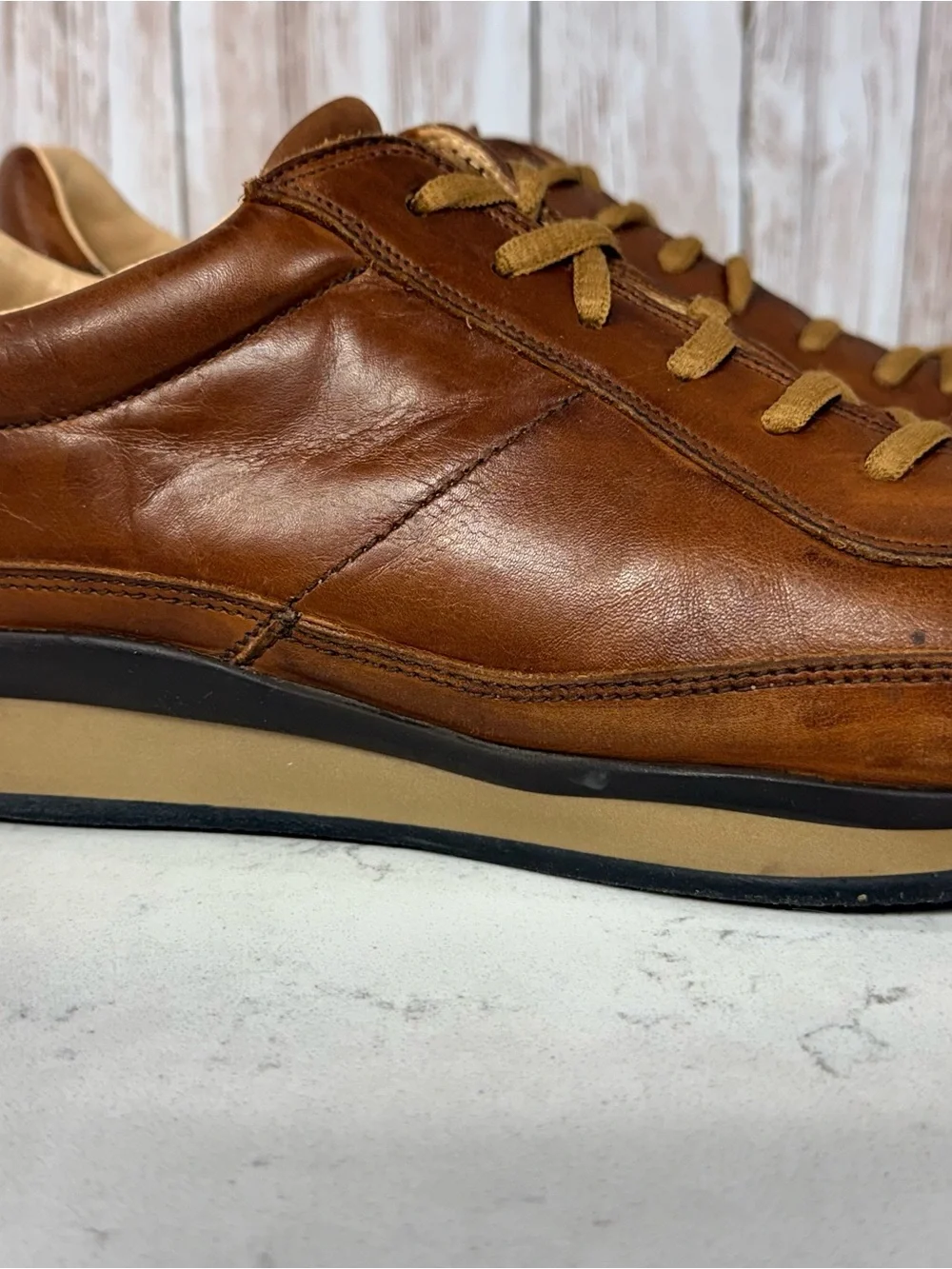 Prada Shoes Men Carame Brown Leather Luxury Sneakers Prada Size 9 US Size 10